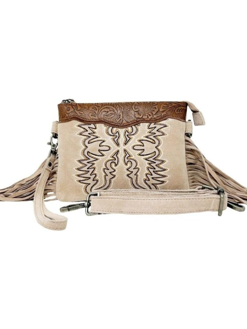 Western Fringe Crossbody for Women - Leather Boho Shoulder Wristlet Purse